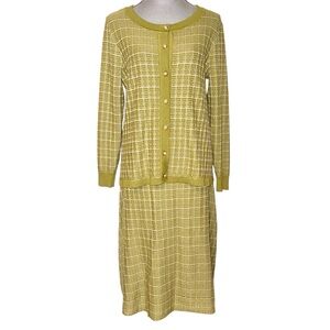 Nina Leonard Chartreuse Green Knit Cardigan & Skirt Set